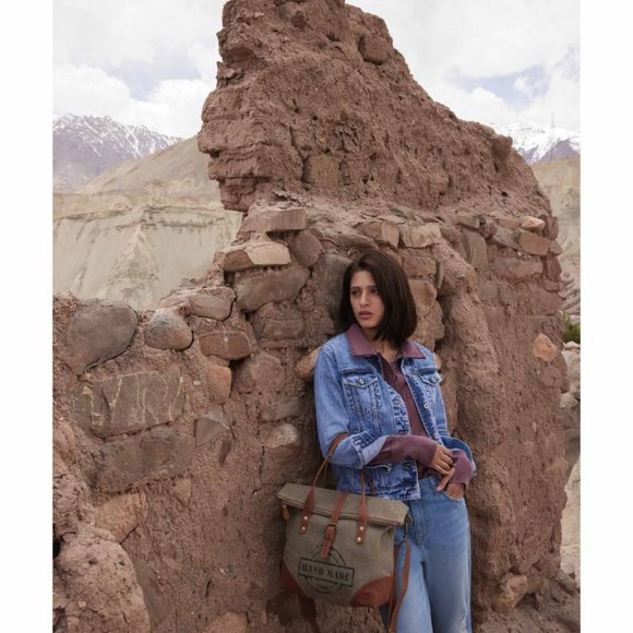 Myra Bag Handmade Hand Shoulder Bag Upcycled Canvas & Cowhide Leather - Picture 10 of 10